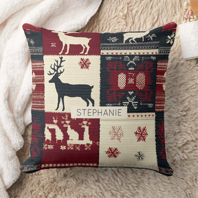 Fair Isle Knitted Patchwork | Rustikaler Rentier Kissen (Decke)