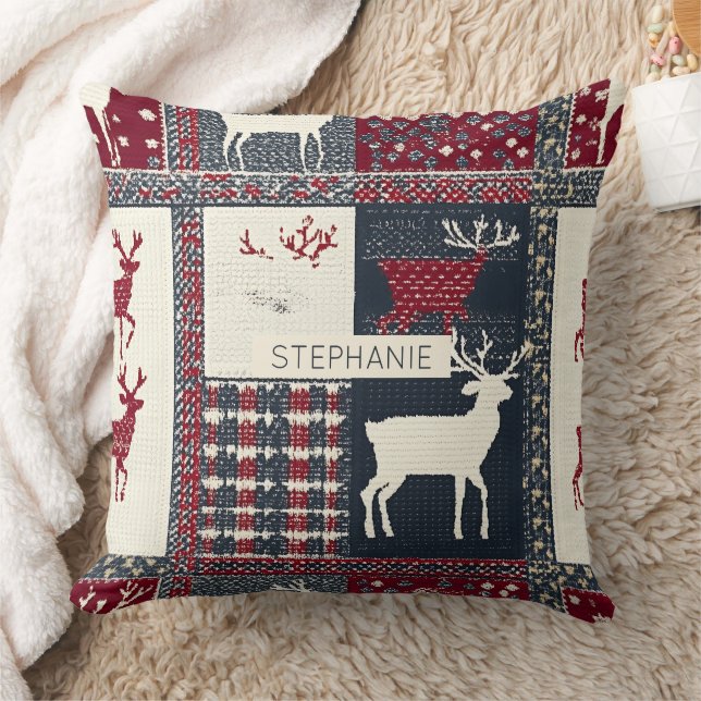 Fair Isle Knitted Patchwork | Rustikaler Rentier ( Kissen (Decke)