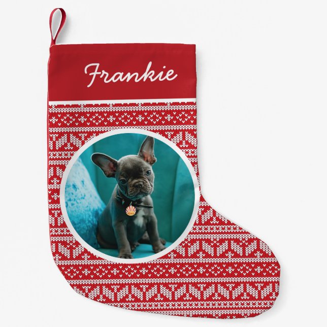 Fair Isle Red Christmas Pet Foto Kleiner Weihnachtsstrumpf (Vorderseite)