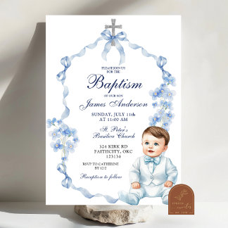 Faire baptême invitation fleur sauvage bleue