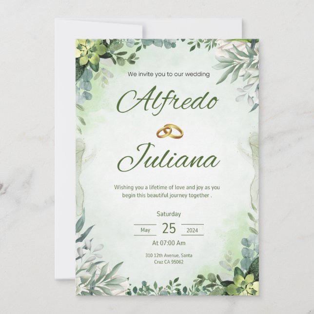 Faire carte d'invitation de mariage floral vert sa (Devant)