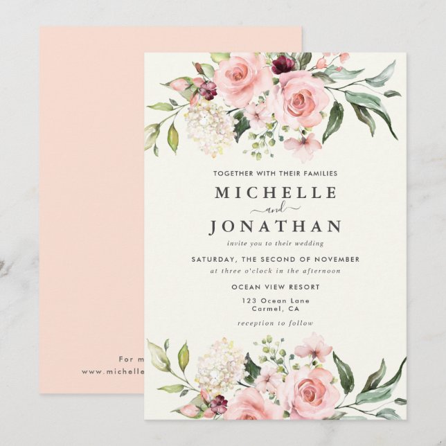Faire carte d'invitation de mariage florale rose - (Devant / Derrière)