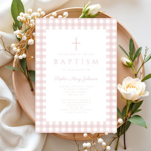 Faire invitation de baptême fille en vichy rose pâ