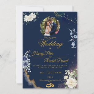 Faire invitation de mariage bleu marine et or