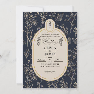 Faire invitation de mariage botanique bleu marine 