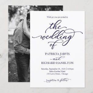 Faire invitation de mariage calligraphié bleu mari