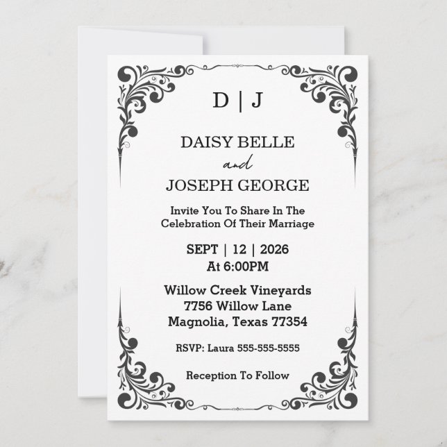 Faire invitation de mariage noir et blanc (Devant)
