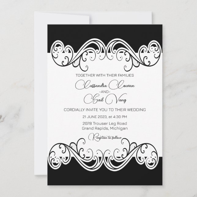 Faire invitation de mariage noir et blanc (Devant)