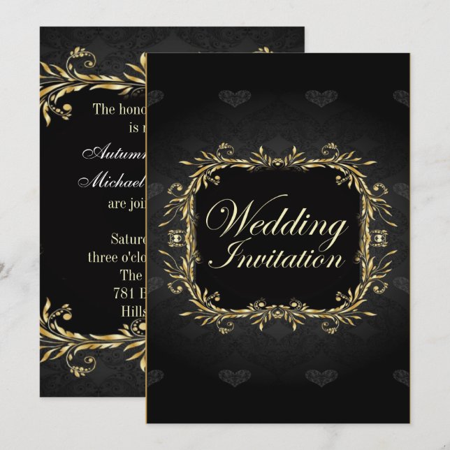 Faire invitation de mariage noire et or élégante e (Devant / Derrière)