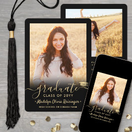 Faire-part 2 Photo Moderne Simple Script Black Gold Graduatio