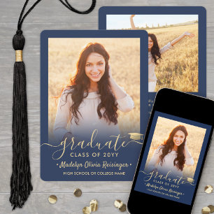 Faire-part 2 Photo Moderne Simple Script Marine Gold Graduati