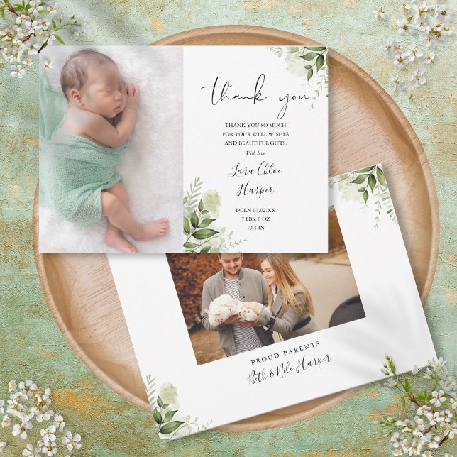 Faire-part 2 Photos Verdure Merci Floral Naissance bébé (2 Photos Greenery Floral Thank You Baby Birth Announcement)