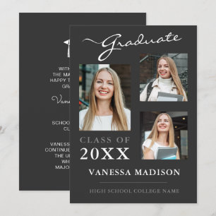 Faire-part 3 photo Script moderne Platine Gris Graduation