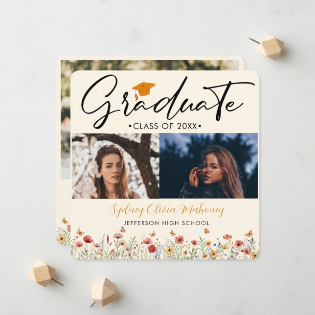 Faire-part 3 photos Boho aquarelle fleur sauvage Graduation (Devant/Arrière en situation)