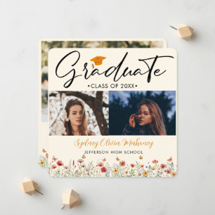 Faire-part 3 photos Boho aquarelle fleur sauvage Graduation