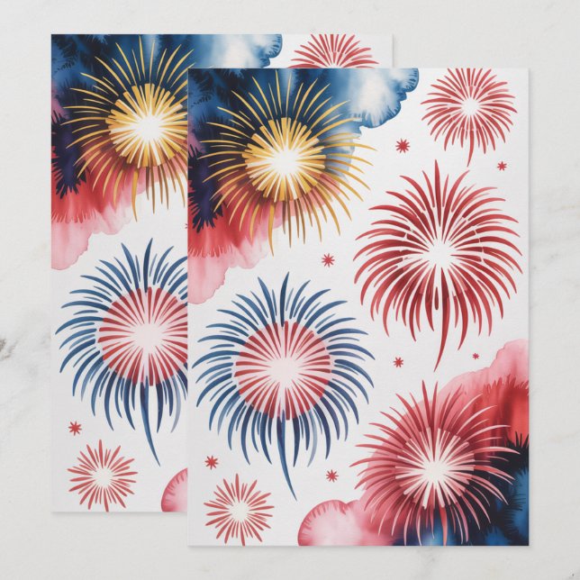 Faire-part 4 juillet feux | Aquarelle Art patriotique (Devant / Derrière)