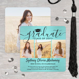 Faire-part 4 Photo Brossé Turquoise Bleu Noir Moderne Graduat