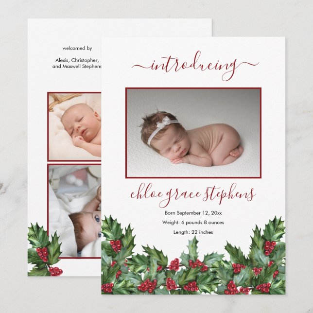 Faire-part 4 Photo Collage Holly | Berries Girl Birth Announc (Devant / Derrière)