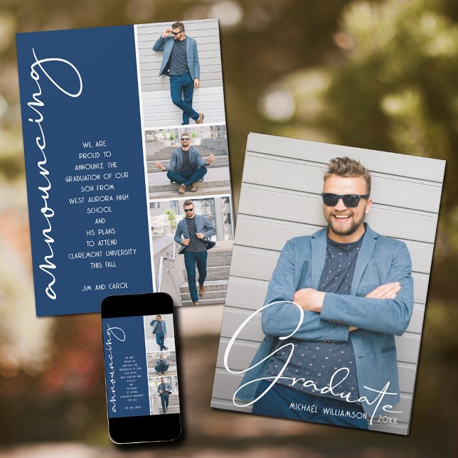 Faire-part 4 Photo Graduation Collage Navy Blue (4 Photo Graduation Collage Navy Blue Announcements)
