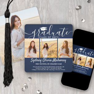 Faire-part 4 Photos Collage de fin d'études Moderne Bleu mari