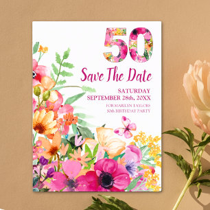 Faire-part 50 ans fleurs date anniversaire carte postale 50e 
