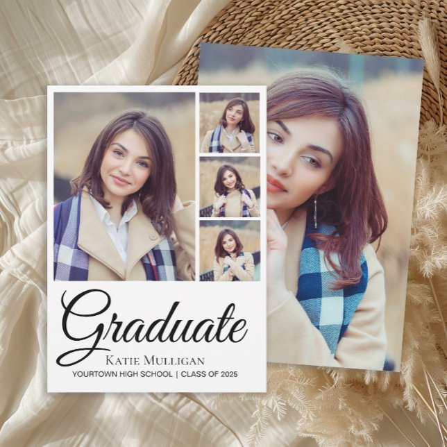 Faire-part 5 Script Photo Arrière-plan modifiable Diplômé (5-photo graduation announcement for high school or college graduates.)