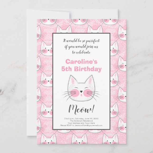 Faire-part 5e fête d'anniversaire pour Fille Chats Kitty Rose (Devant)