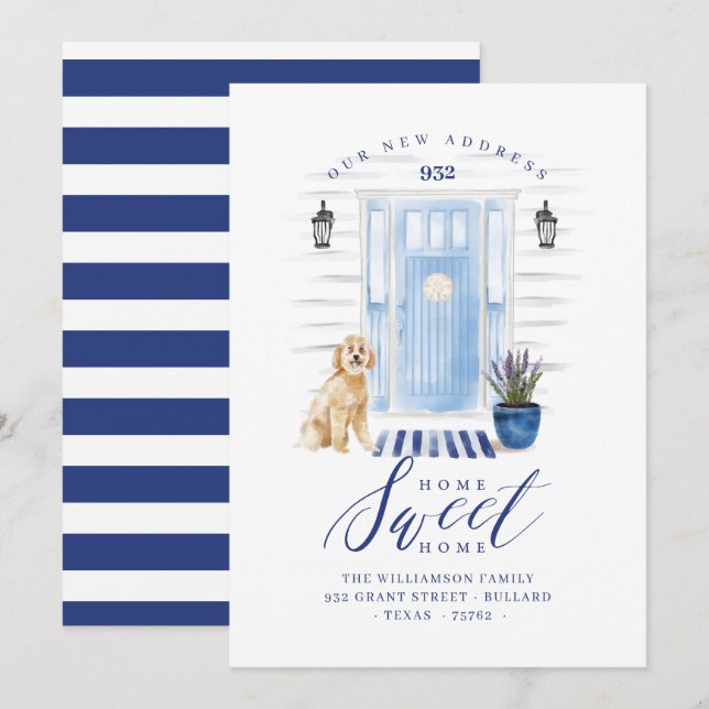 Faire-part Accueil Sweet Home Bleu Bleu Aquarelle Côtière Por (Devant / Derrière)