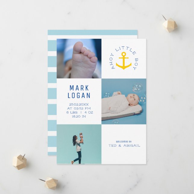 Faire-part Ahoy Little Boy Photo Collage Ancre Blue Birth (Devant/Arrière en situation)