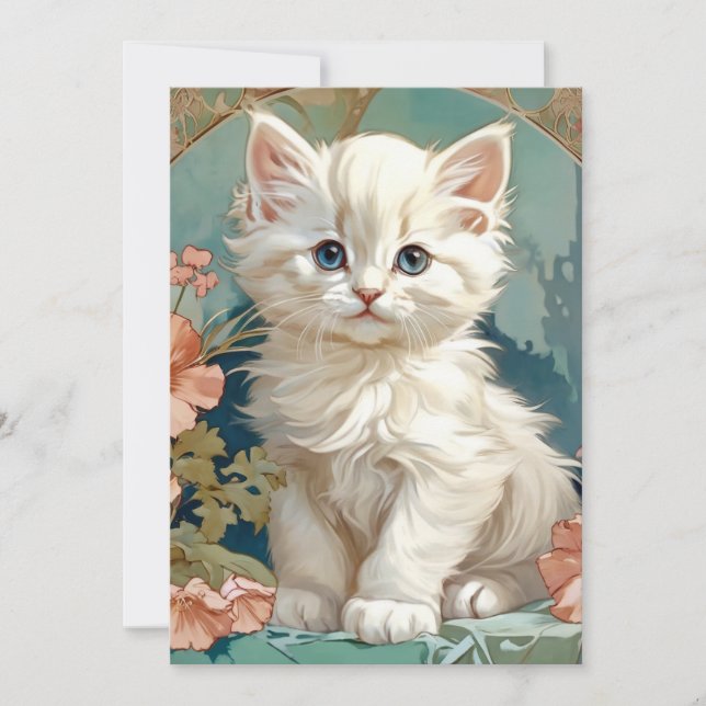 Faire-part Alphonse Mucha Style Chat blanc (Devant)
