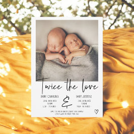 Faire-part Amour noir écriture cœur photo bébé jumeaux naissa