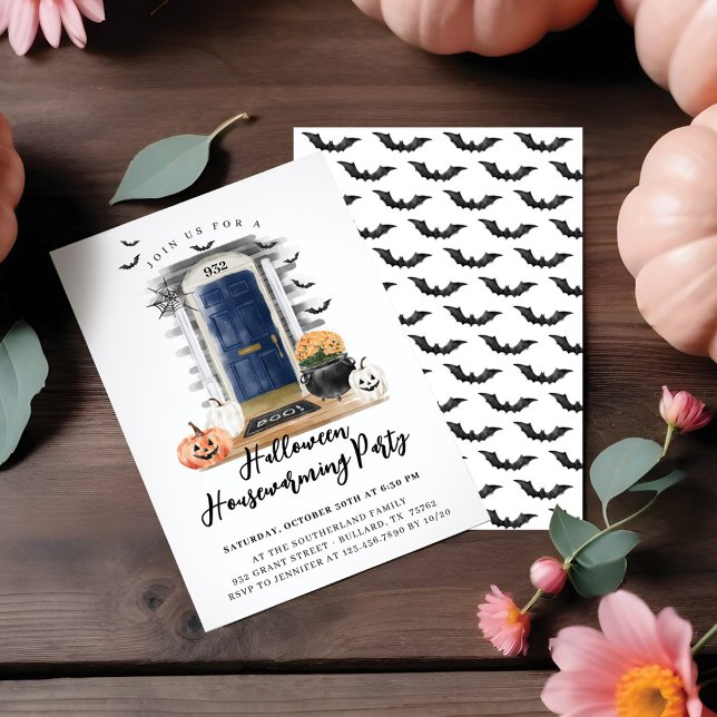 Faire-part Amusants Halloween House Party Marine Porte avant (Fun Halloween Housewarming Party Navy Front Door Announcement)