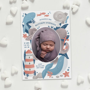 Faire-part Animal sous-marin nautique et phare. Naissance du 