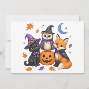 Faire-part Animaux mignons d'Halloween - Sorcière Chat noir H