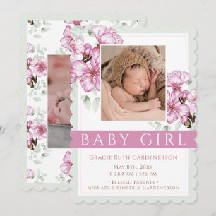 Faire-part Annonce Bébé Fille aux Fleurs Roses