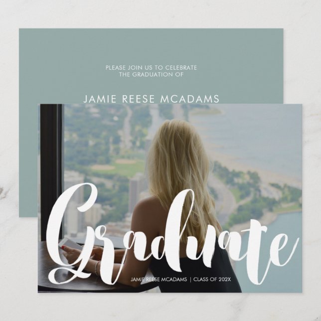 Faire-part Annonce bleue du minimaliste de la fête de graduat (Devant / Derrière)