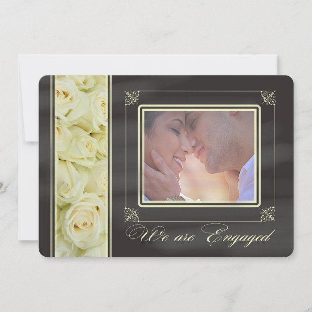 Faire-part annonce de fiançailles photo de roses blanches (Devant)