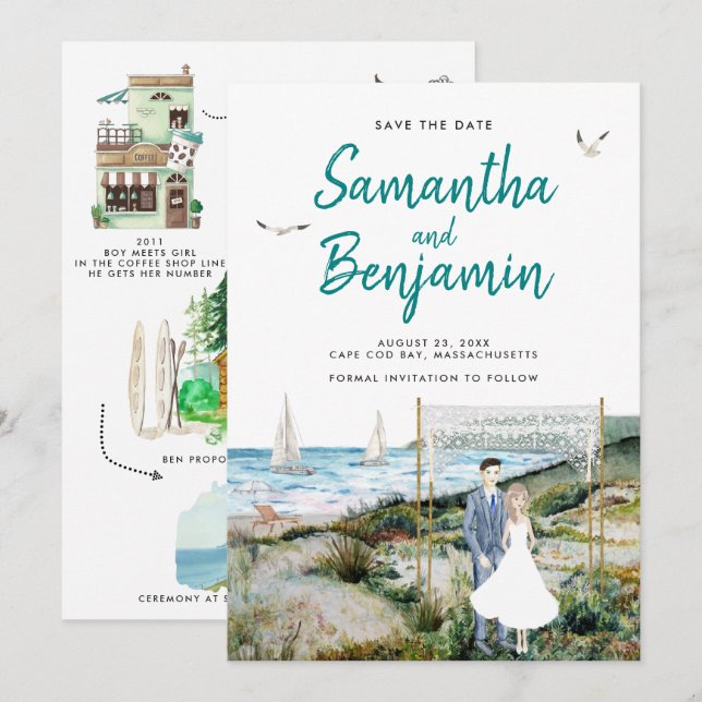 Faire-part Annonce de mariage avec calendrier à l'aquarelle p (Devant / Derrière)