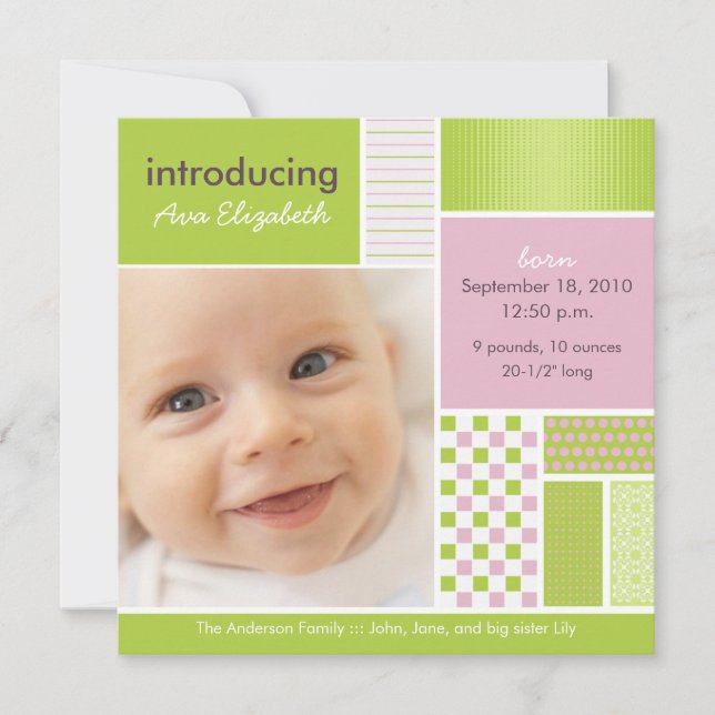 Faire-part Annonce de naissance au lime en patchwork (Devant)