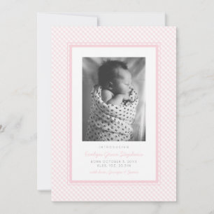 Faire-part Annonce de naissance carreau gingham rose doux