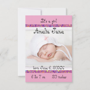 Faire-part Annonce de naissance de bébé fille 3x5 Violet/Rose