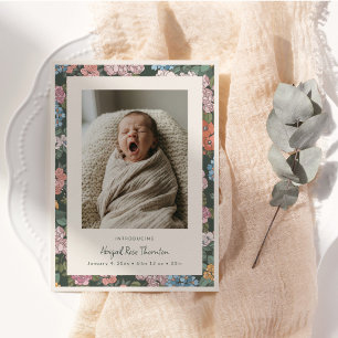 Faire-part Annonce de naissance de bébé fille avec fleurs vin