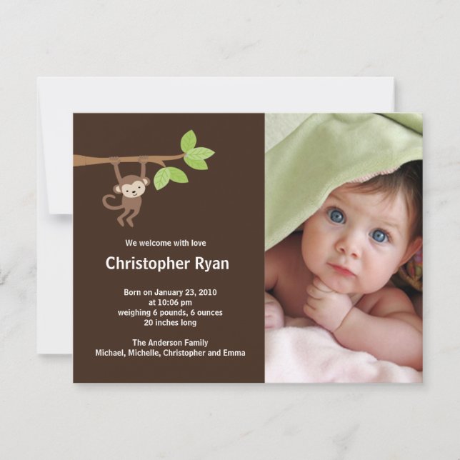 Faire-part Annonce de naissance de bébé garçon Little Monkey (Devant)