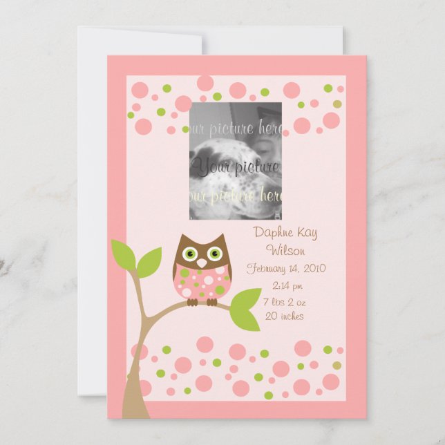 Faire-part Annonce de naissance de Chouette rose.. (Devant)