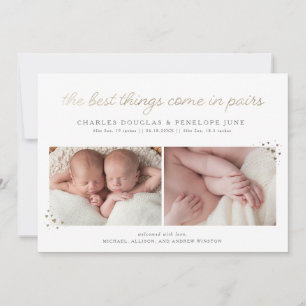 Faire-part Annonce de naissance de jumeaux en feuille d'or fa