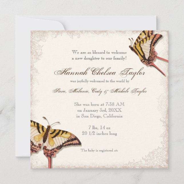 Faire-part Annonce de naissance d'une fille Rose victorienne (Devant)