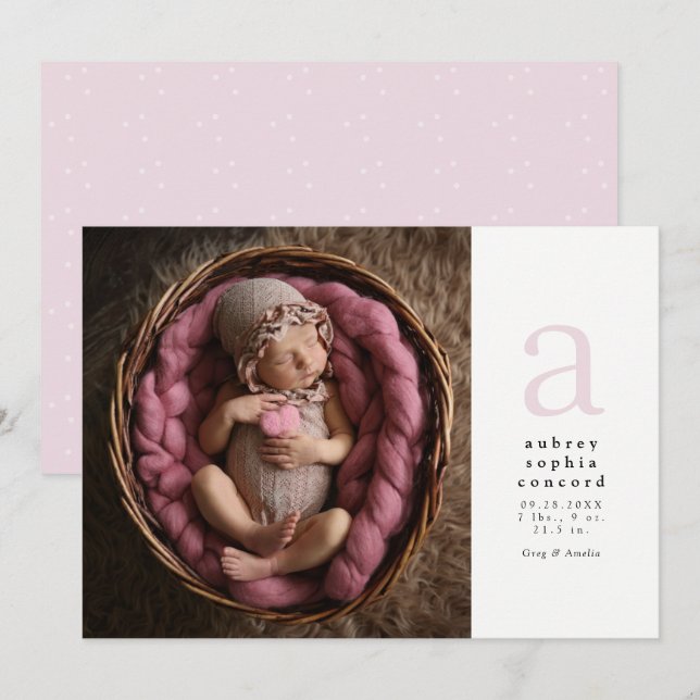 Faire-part Annonce de naissance simple classique rose initial (Devant / Derrière)
