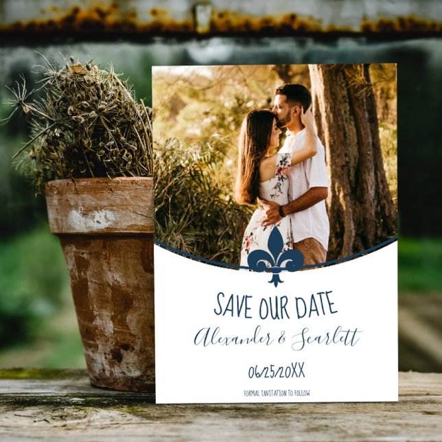 Faire-part Annonce de Sauvegarde de Date de Photo de Fleur de (Blue Fleur de Lis Photo Save the Date)