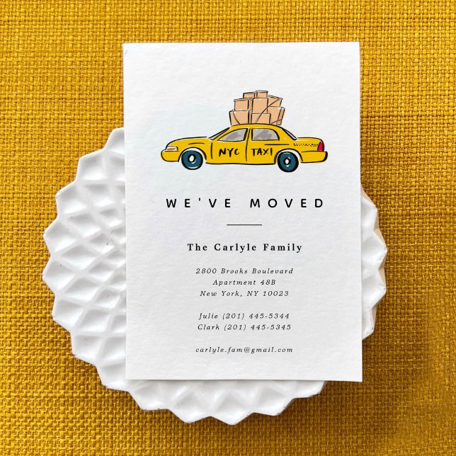 Faire-part Annonces de déménagement de taxis jaunes de New Yo (Hand-drawn NYC yellow taxi illustration for a New York City moving announcement card.)