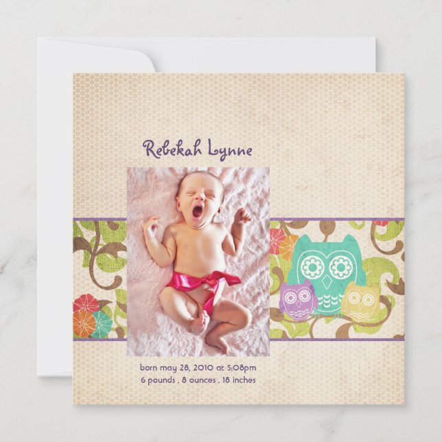 Faire-part Annonces de naissance de bébé de hibou (Devant)